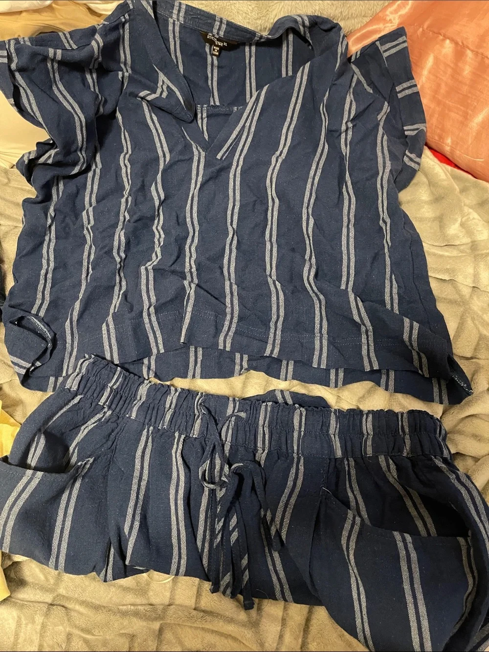 Navy Blue Striped Two-Piece Lounge Set